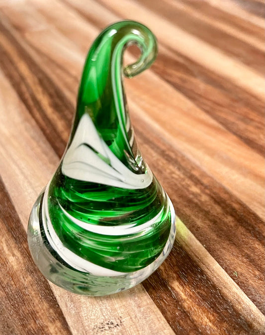 Glass Teardrop Paperweight Green & White