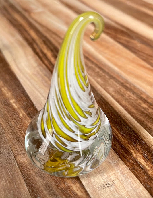 Glass Teardrop Paperweight Yellow & White