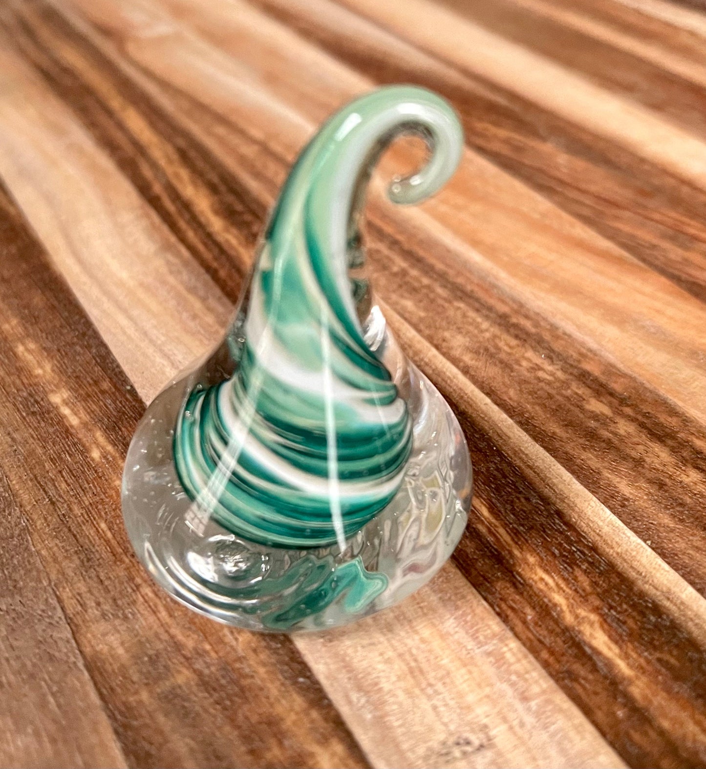 Glass Teardrop Paperweight Silver Green & White