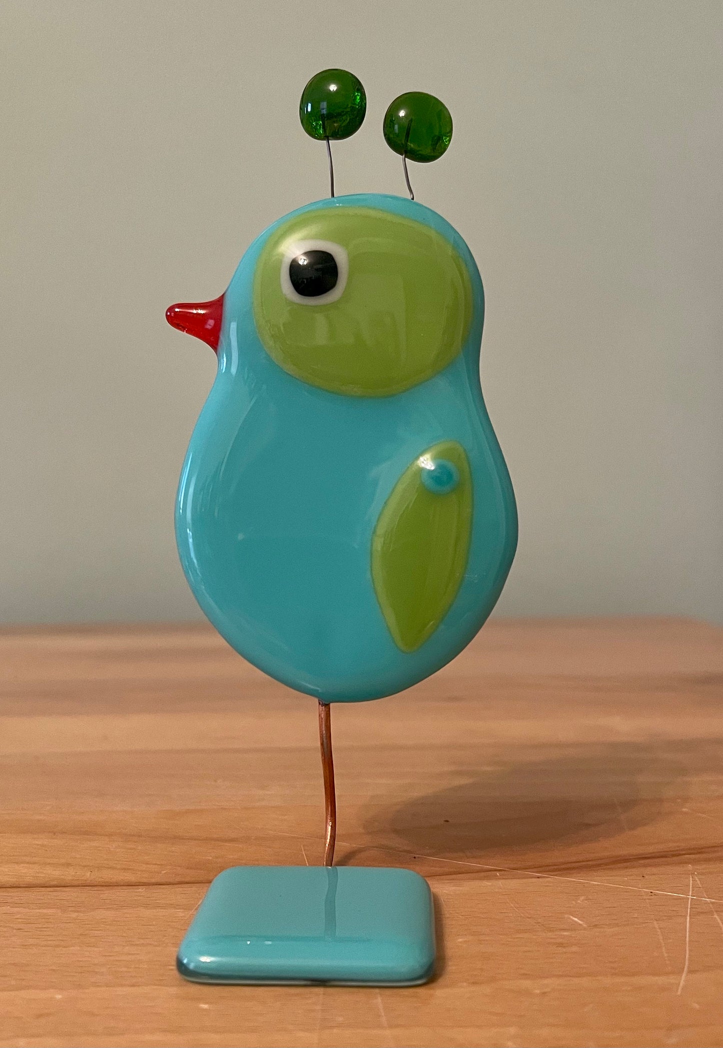 Glass Bird Sculpture on Glass Stand Aqua & Green