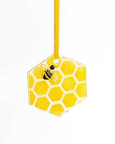 Hanging Glass Honeycomb with Bee Suncatcher
