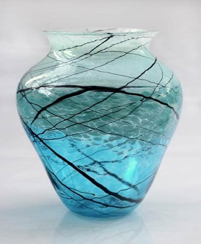 Blue Lightning Bottle Vase Hand Blown Glass Oval